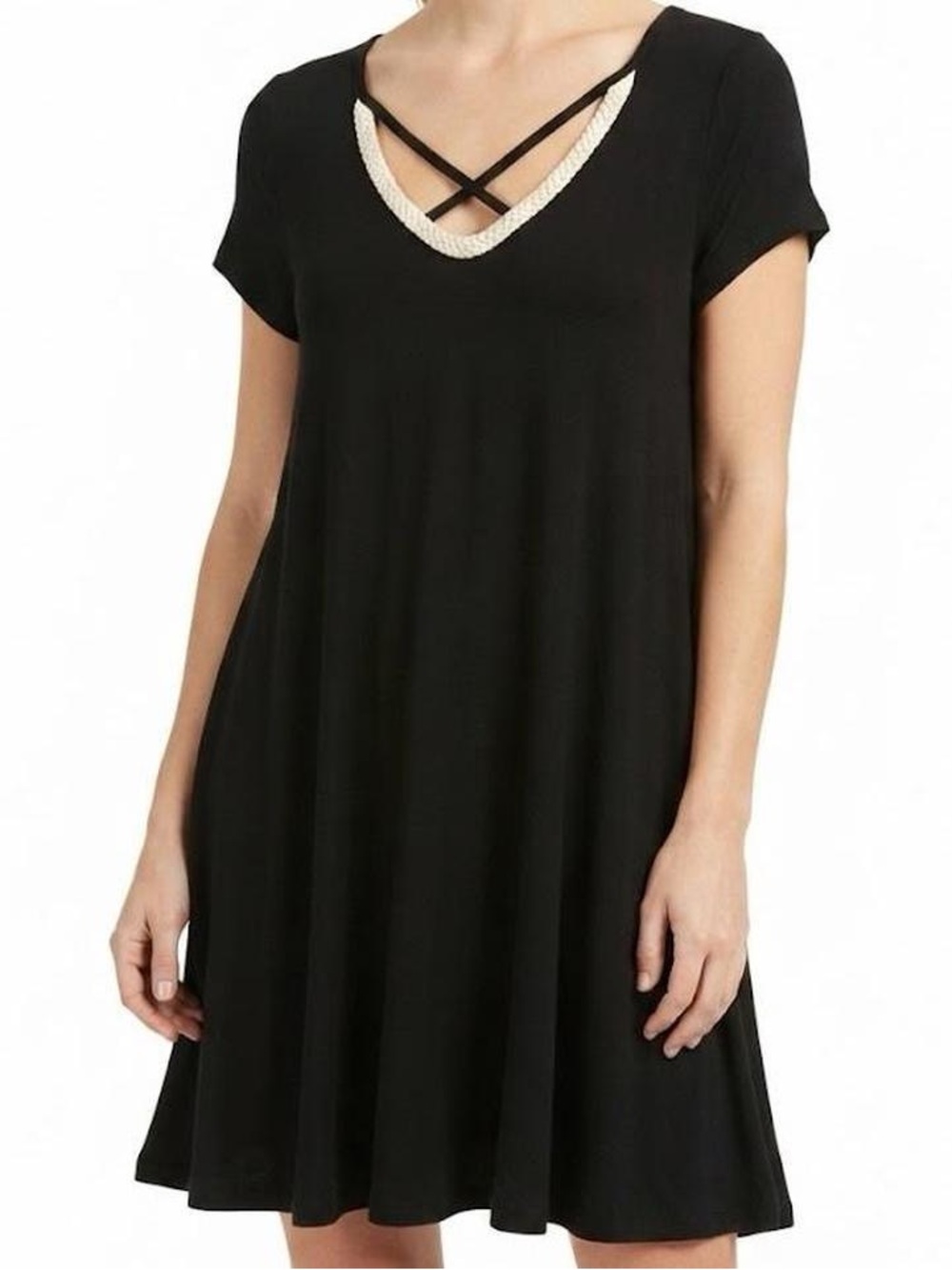 Emerald Black Short-Sleeve Mini Dress with Crisscross Detail